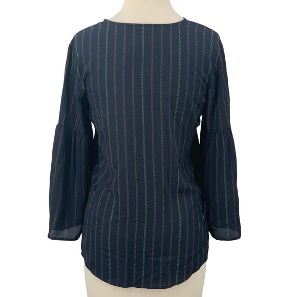 NWT Van Heusen V-Neck Pullover Blouse 3/4 Bell Sleeve Navy Vertical Striped XS - Picture 8 of 8